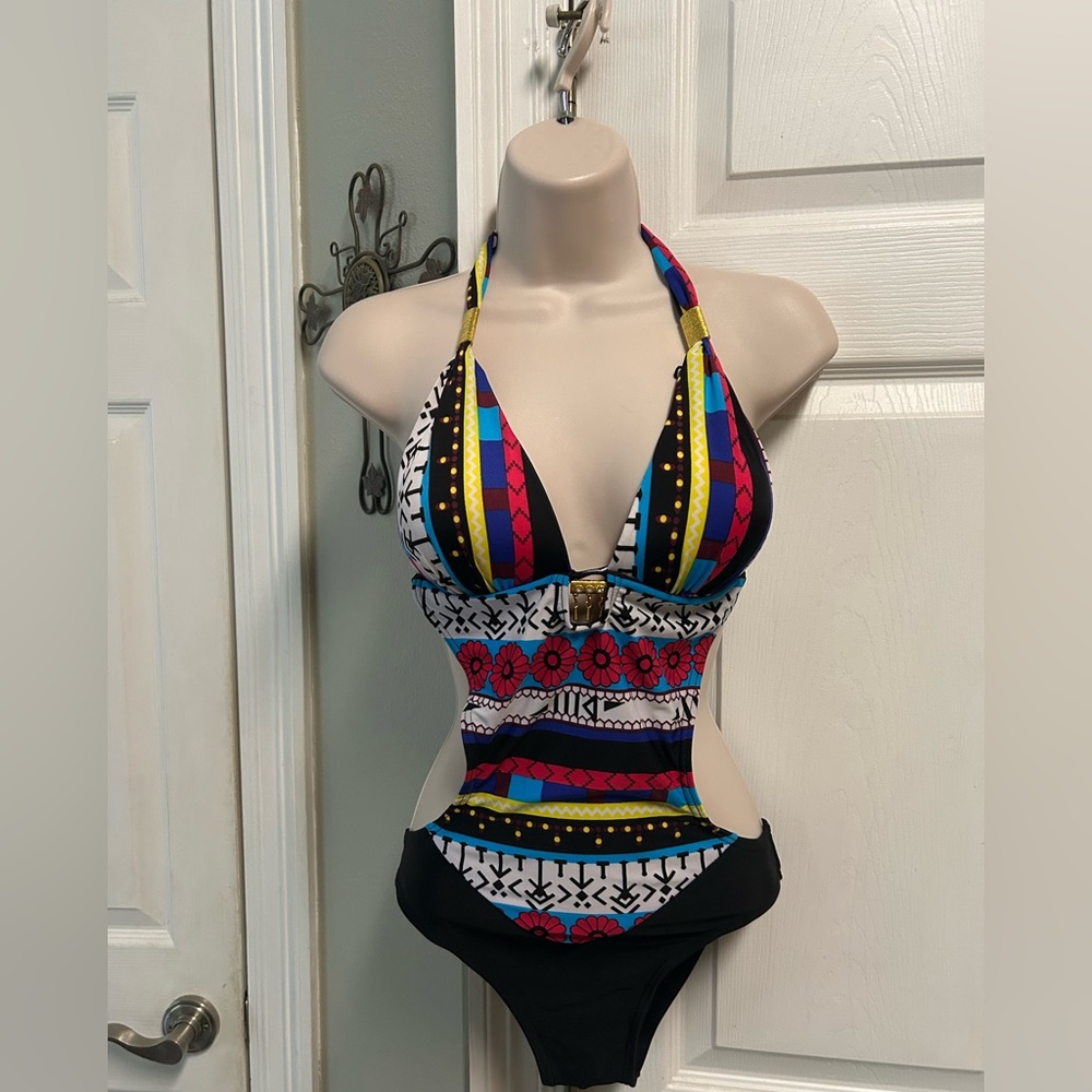 POO CHAI Swimsuit Women Medium Multicolor Halter One Piece Bathing Suit Cutout